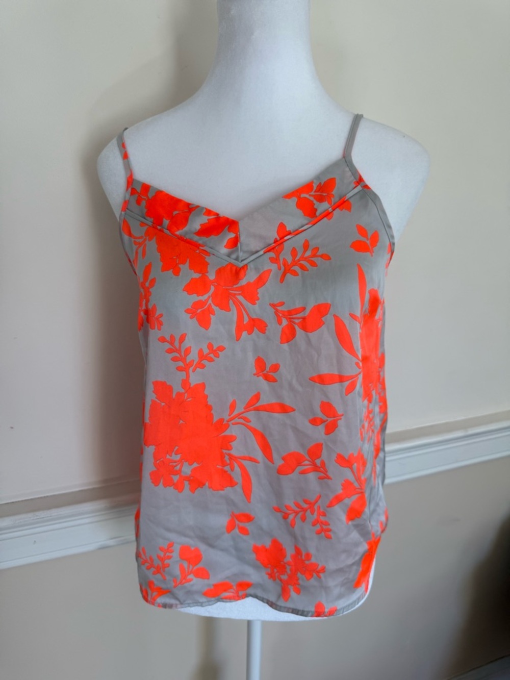 Neon Orange Floral Taupe V-Neck Cami, Size XS
